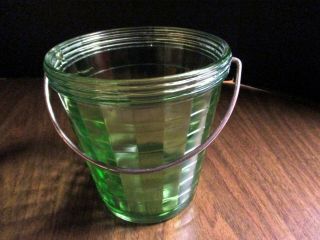 Vintage Block Optic Green Depression Glass Ice Bucket W/ Handle