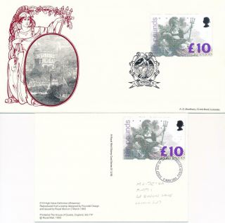 Gb 1993 £10 Britannia Bradbury Fdc & £10 On Britannia Phq Card Fdi (2)