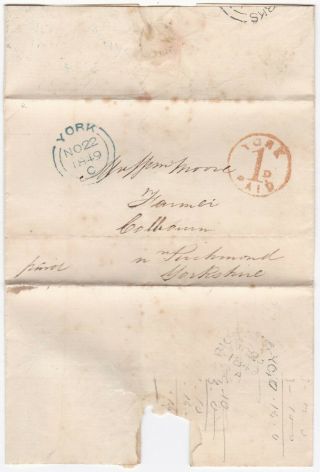 1849 Upp York 1d Paid Red Circular Postmark To Wm Moore Colbourn Nr Richmond