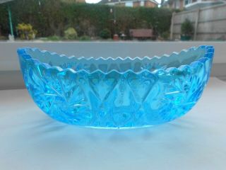 Vintage Art Deco English Blue Glass Oval Boat Shape Bowl Vgc