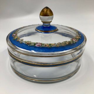 Hand Painted Glass Candy Dish With Lid Blue With Pink Roses Gold Trim Cottage