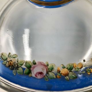 Hand Painted Glass Candy Dish with Lid Blue with Pink Roses Gold Trim Cottage 3