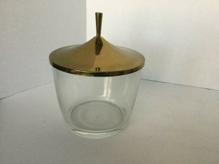 Vintage Mcm Hazel Atlas Glass Ice Bucket W/ Gold Brass Colored Lid