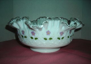 Fenton Large Silvercrest Bowl Handpainted Spainish Lace With Violets