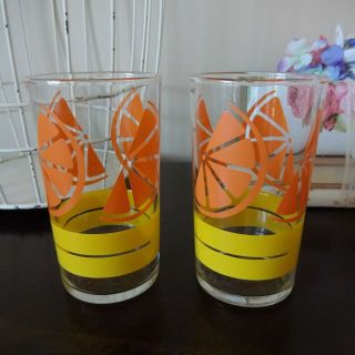2 Vintage Libbey Orange Slice Juice Water Glass Yellow Stripe Mid Century Modern