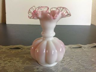 Vintage Art Glass Pink & White Silver Crest Melon Vase 6 "