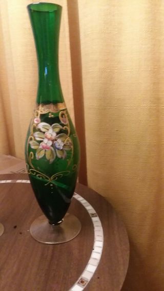 Vintage Vase Bohemia Emerald Green Crystal Glass Hand Paint Vase