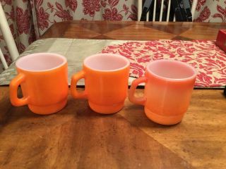 Vintage Set of 3 Anchor Hocking Orange Oven Proof Coffee D Handle Cup Mug USA 2
