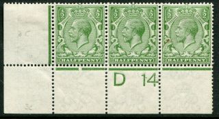 (357) Very Good 1912 Issue Gv 1/2d Green Control Block " D14 " M.  Mh.
