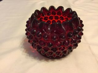 Vintage Fenton Bubble Ruby Red Hobnail Amberina Glass Vase Ruffle Top 3 “ Tall