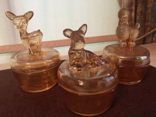 Jeanette Glass 3 Powder Jars - Poodle - Scottie Dog & Deer