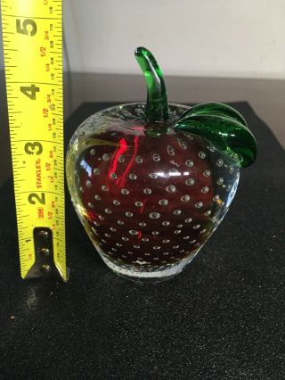 Vintage Hand Blown Art Glass Red Apple Paperweight With Controled Bubbles