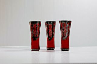 3 X Vintage Italian Venetian Red Shot Glasses With Silver Overlay