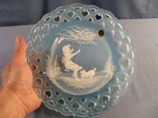 Westmoreland Light Blue Satin Painted Plate W/ Mary Gregory Design Girl On Swing