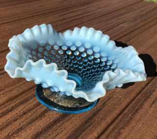 Blue Opalescent Glass Hobnail Ruffled Candy Dish Bowl On Base Fenton Style