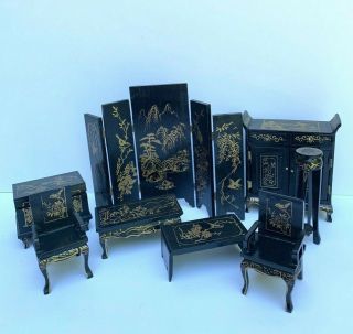 1:12 Vintage Dollhouse Miniature Oriental Furniture Black With Gold Pattern
