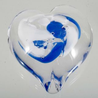 Art Glass Heart Paperweight Blue And White In Crystal Great Gift