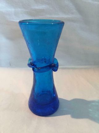 Signed Blenko Turquoise Blue Crackle Vase With Applied Rigaree