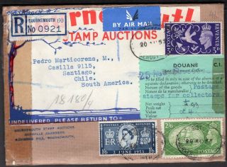 Uk Gb To Chile Registered Air Mal Cover 1953 Bournemouth - Santiago