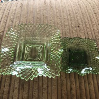 2 Vintage Indiana Glass Square Green Bowls: Diamond Cut - Ruffled Edges