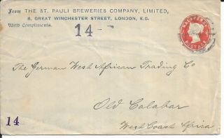 Gb Qv 1/2d Vermilion St Pauli Breweries P/s Cover To Old Calabar W.  Coast Africa