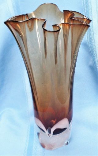 Hand Crafted Unique Crystal Handkerchief Vase Brown/amber Controlled Bubble