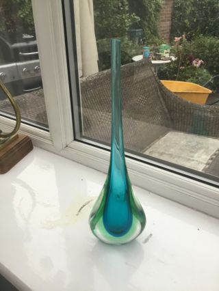 Sommerso Murano Teardrop Stem Vase Mid Century Art Glass Blue Green 50s 60s