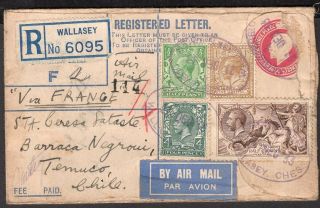 Uk Gb To Chile Registered Air Mail Ps Stationery Envelope 1933 Wallasey - Temuco