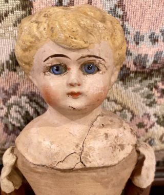 C1870 12” Antique German Paper Mache Doll W/original Body & Glass Eyes