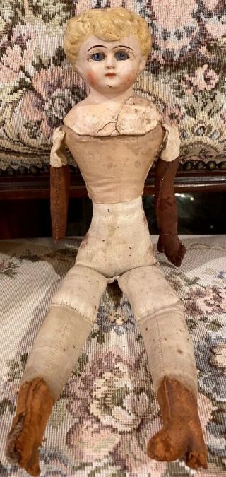 C1870 12” Antique German Paper Mache Doll w/Original Body & Glass Eyes 2