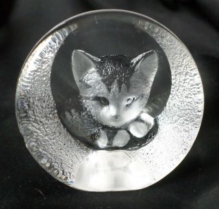 Mats Jonasson Crystal Art Glass Kitty Cat Sculpture Paperweight Signed
