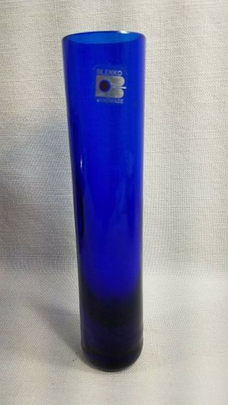 Mcm 9 " Cobalt Blue Blenko Heavy Base Cylinder Bud Vase With Sticker Vgc W Nick