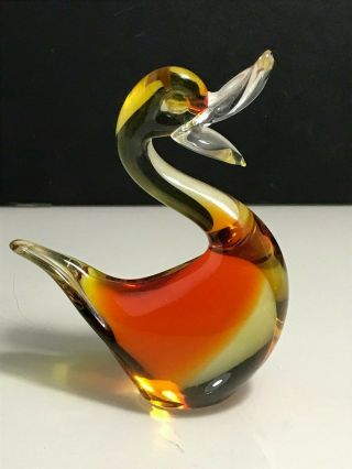 Murano Clear,  Amber & Yellow Abstract Duck Bird Figure Art Glass Paperweight