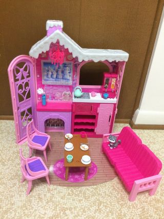 Barbie Doll Sisters Cozy Cabin Snow Winter Family Build Up House Dollhouse