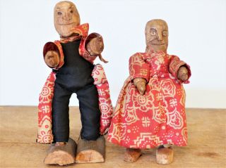 Antique 19th C Folk Art Wood Hand Carved Jointed Pair Dolls Man Lady Primitive