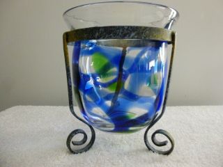 Hand Blown,  Art Glass Candle Holder,  With A Metal Stand,  Clear/blue/green Colors