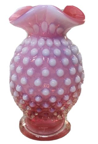Fenton Cranberry Opalescent Hobnail Ruffled Rose Bowl Small 4”