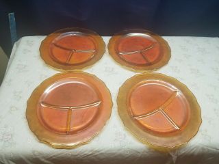 Vintage Federal Glass Normandie Iridescent Set/4 Marigold Grill Plates Divided