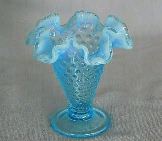 Vintage Fenton Blue Opalescent Hobnail Ruffled & Crimped 4 " Vase
