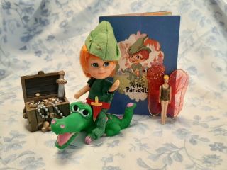 Vintage Mattel Liddle Kiddles Peter Pan Paniddle,  Tinker Belle,  Croc & Book