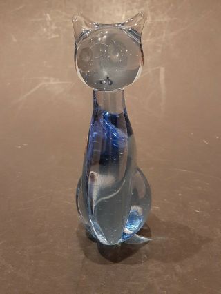 Murano Glass Ice Blue Colour Small Cat Shaped Figure With Label - 1970 