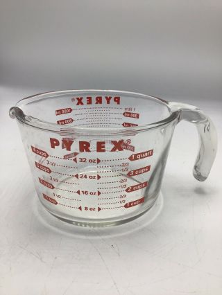 Vintage Pyrex 4 Cups 1 Quart 32 Oz.  Clear Red Glass Measuring Cup Batter Bowl
