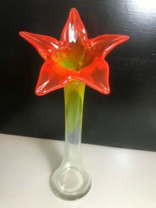 Retro Murano Style Yellow & Orange Daffodil Flower Top Art Glass Vase