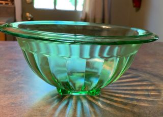 Vintage Green Depression Glass 7.  5 " Paneled Mixing Bowl,  Square Base Rolled Rim