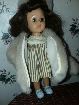 Vintage Vogue Ginny Doll Bkw Ml Fur Coat W/muff Striped Dress Brunette Blue Eyes