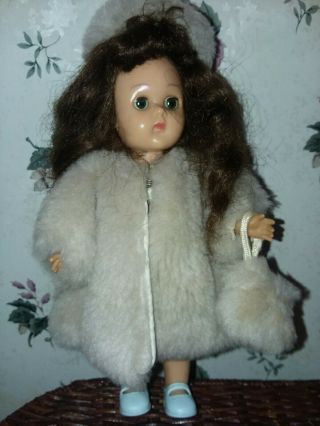 Vintage Vogue Ginny Doll BKW ML Fur coat w/muff striped dress brunette blue eyes 2