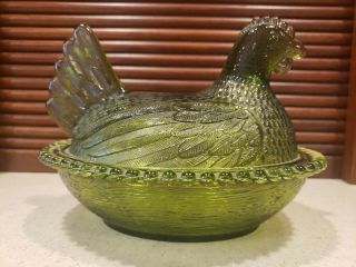 Vintage Indiana Glass Olive Green Rooster Chicken Hen Covered Dish 7 " X 5.  5 "