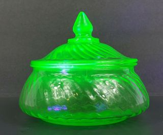 Vintage Hocking Glass Co Spiral Green Depression Uranium Lidded Candy Dish Jar