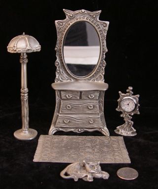 1997 Signed Don Drumm Miniature Dresser W/mirror,  Floor Lamp,  Clock,  Rug & Cat