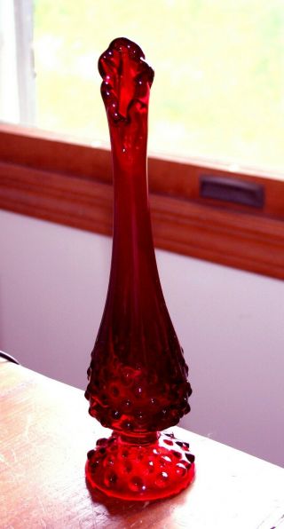 Vintage Fenton Ruby Red Hobnail Glass Swung Bud Vase Retro Mid Century 9 1/2 "